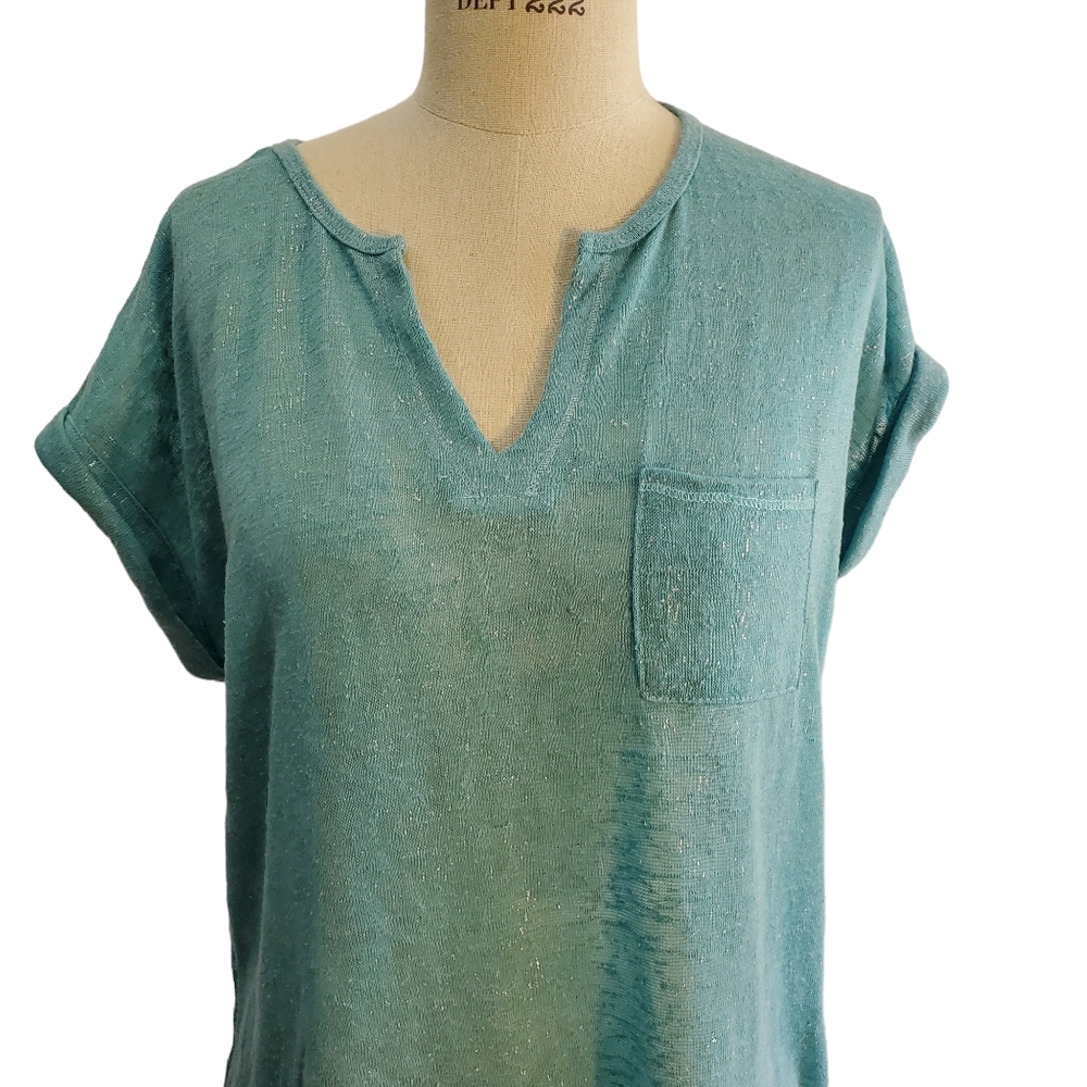 Dept 222 Women's Teal‎ With Silver Flecks Short Sleeve Top With Pocket Size L